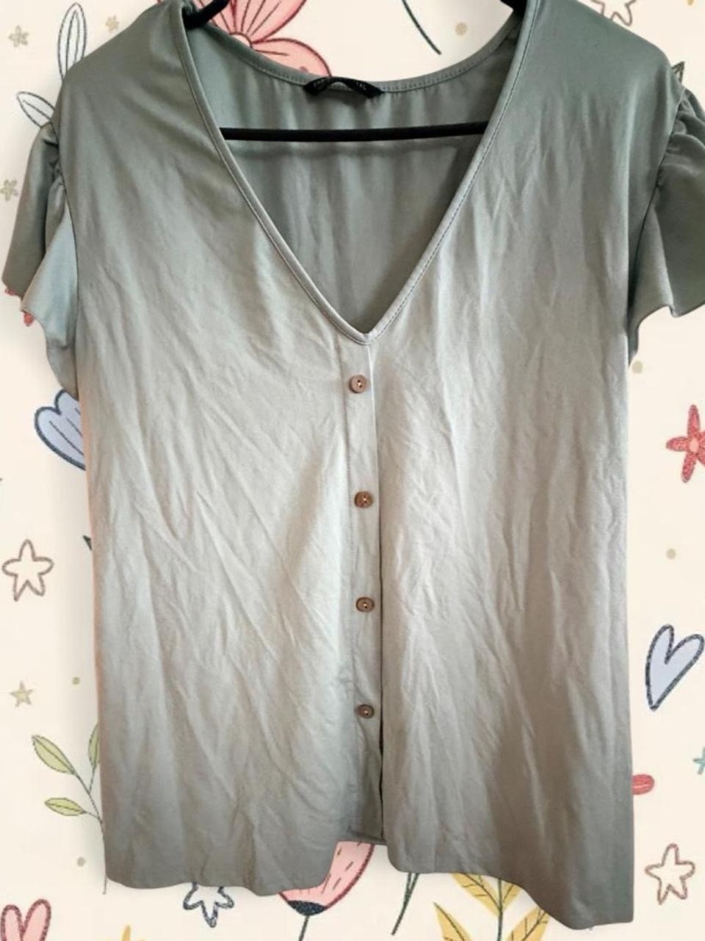 SHEIN Sage Green Button-Front V-Neck Short Sleeve Top